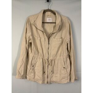 Old‎ Navy Womens XL Linen Blend Utility Jacket Beige Full Zip Drawstring Waist